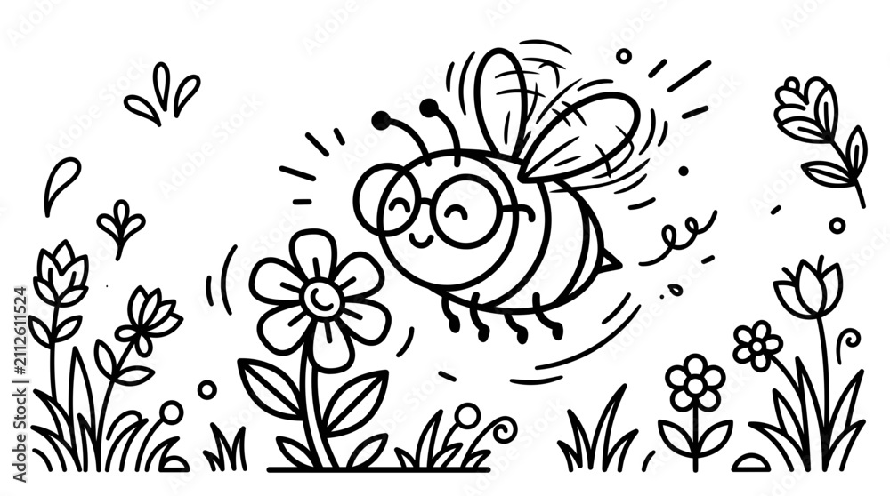 Fototapeta premium Cartoon bee pollinating colorful spring flowers. Friendly honeybee flying near outlined wildflowers in cheerful garden illustration.