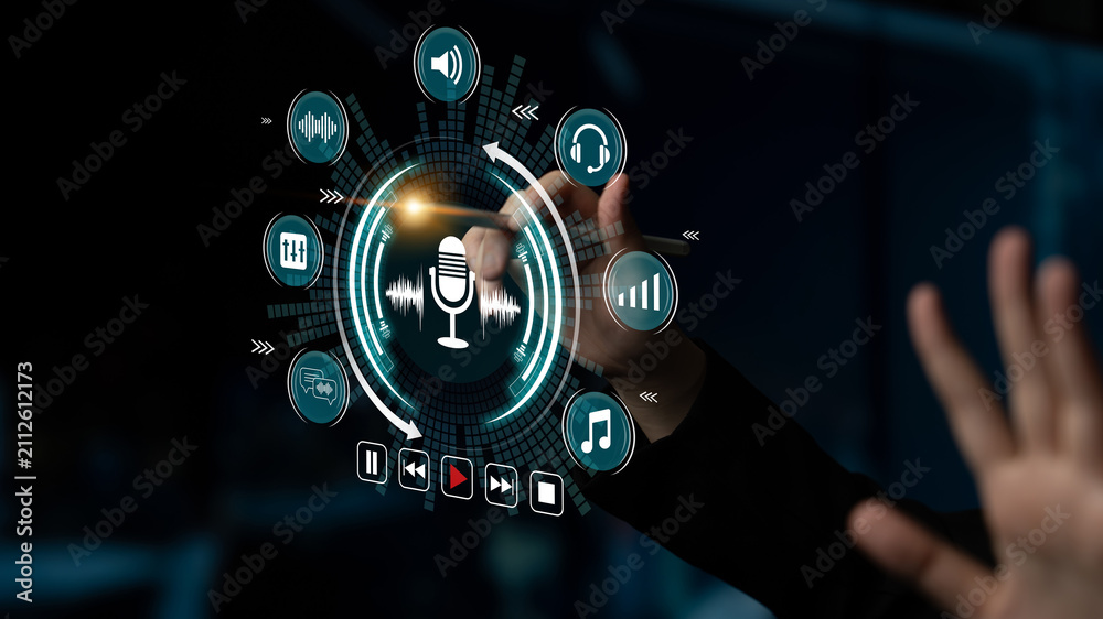 Fototapeta premium Futuristic Touchscreen Interface with Sound Icons and Microphone for Audio Control and Music Management. Sentient.