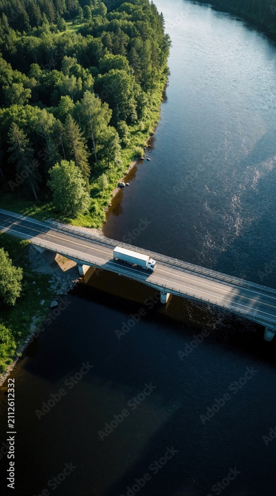 Obraz premium Truck drives across bridge over dark river. Green forest surrounds water. Aerial view shows isolated road and nature. Summer sun casts long shadows.