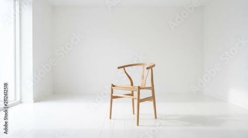 Minimalist Wooden Chair Featuring Classic Scandi Style Design Placed in Bright Empty Room Interior Concept for Modern Decor