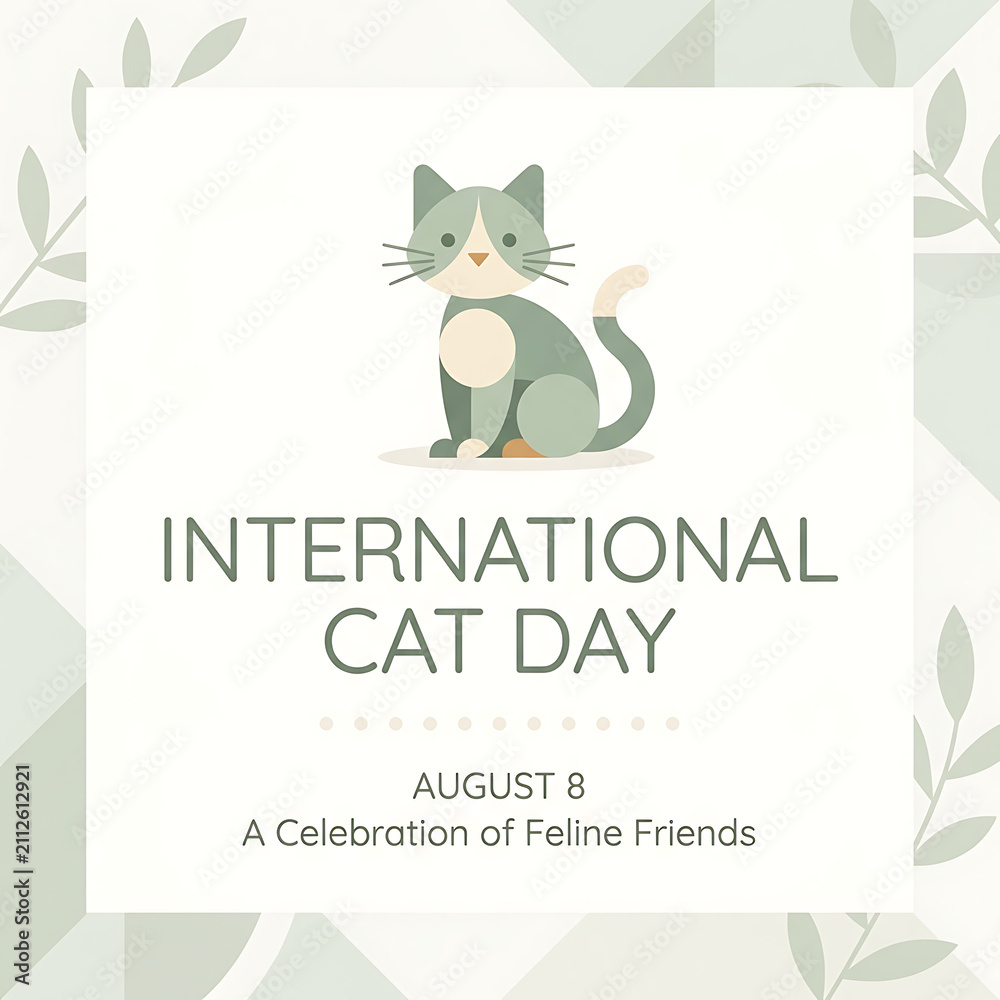 Naklejka premium International Cat Day Illustration: A cute, stylized cat sits proudly above the text INTERNATIONAL CAT DAY AUGUST 8 A Celebration of Feline Friends, set against a soft, botanical-themed background.