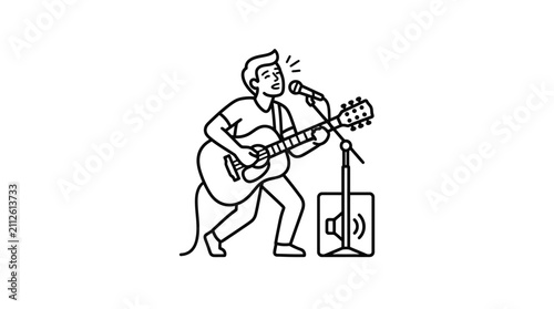 Professional Line Drawing of a Person Singing and Playing Acoustic Guitar with Microphone and Speaker Setup