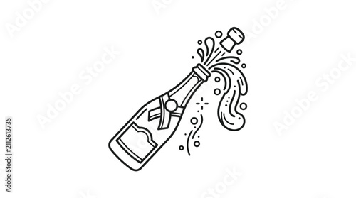Professional Line Drawing of Champagne Bottle Being Poured with Bubbles and Cork Popping Out in Black and White