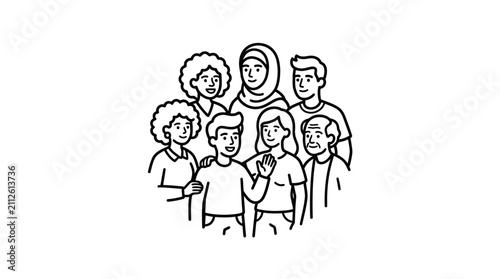 Professional Line Drawing of Diverse Happy Family Group Black and White Sketch Style with high quality professional line art symbols for modern creative design and digital branding projects