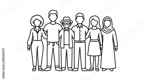 Professional Line Drawing of Diverse Group of Six People Standing Together in Monochrome Style for Stock Use