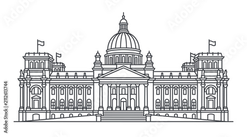 Professional Line Drawing of Grand Neoclassical Government Building with Central Dome and Flags