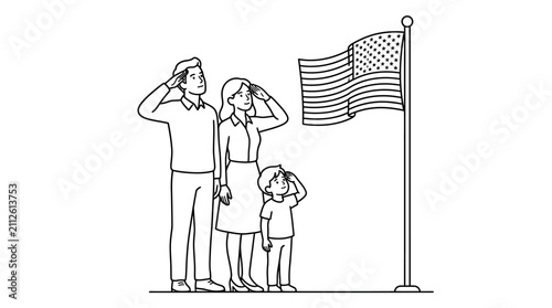 Professional Line Drawing of Family Saluting American Flag with Patriotic Theme for Stock Illustrations