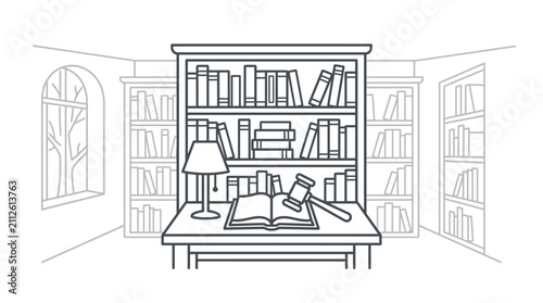 Professional Minimalist Black and White Line Drawing of a Library Study Desk with Books Gavel and Open Book