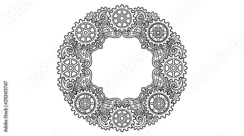 Professional Steampunk Inspired Gear Mechanism Artwork Intricate Black and White of Interlocking Gears and Cogs