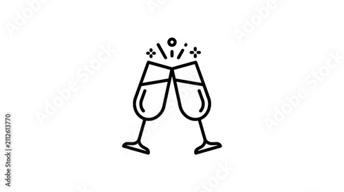 Sleek Black and White Clinking Wine Glasses Icon with Sparkles for Celebration or Success with high quality professional line art symbols for modern creative design and digital branding projects