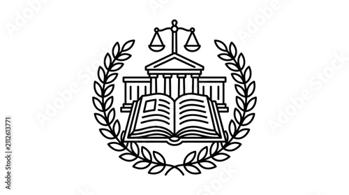 Sleek Black and White Emblem Featuring Open Book Scales of Justice and Classical Building with Laurel Wreath Border