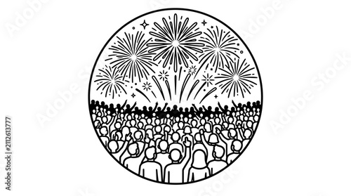 Sleek Black and White Fireworks Display Over Crowd Celebration with high quality professional line art symbols for modern creative design and digital branding projects