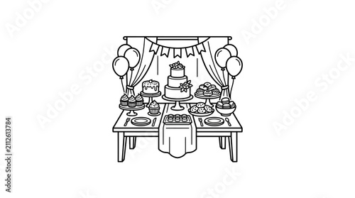 Sleek Black and White Birthday Party Dessert Table Setup with Cakes Cupcakes and Balloons with high quality professional line art symbols for modern creative design and digital branding projects