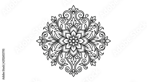 Sleek Black and White Floral Ornamental Design with Intricate Swirls and Leaves for Modern Art or Decorative Use