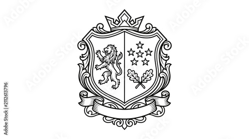 Sleek Black and White Heraldic Shield with Lion Stars Oak Leaves Crown and Ornate Scrollwork Design