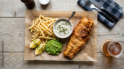 Traditional british fish and chips with mushy peas, tartar sauce, and lemon wedges on parchment paper, served with a beer on a wooden table