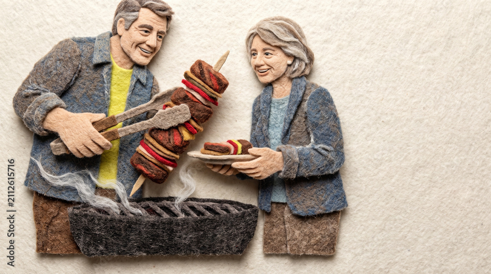 Obraz premium Older couple enjoying barbecue together outdoors with grill 