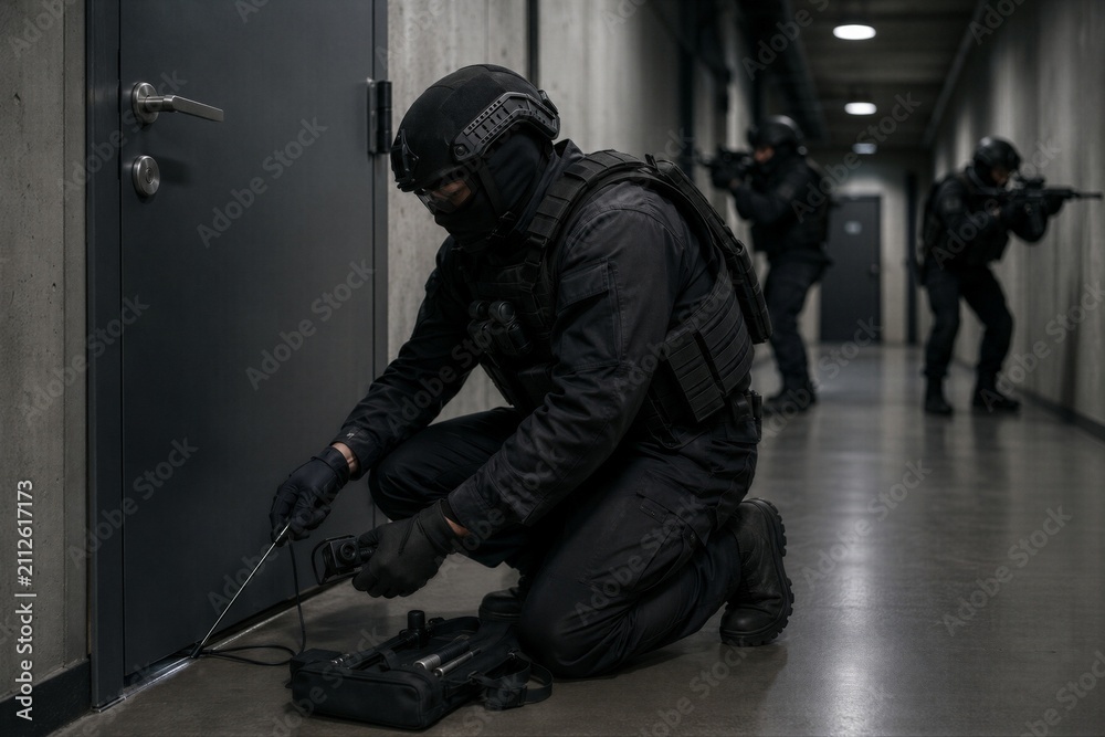 Obraz premium Special forces soldier breaching door in dark corridor. Armed tactical officer using equipment for surveillance. Military unit conducting raid in building.