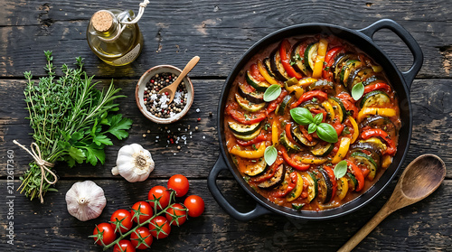 View of a vegetable ratatouille in a black pan with fresh herbs, garlic, cherry tomatoes, and olive oil on a rustic dark wooden table