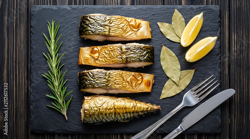 View of four smoked mackerel fish fillets arranged on a dark slate board with fresh rosemary, bay leaves, lemon wedges, and cutlery