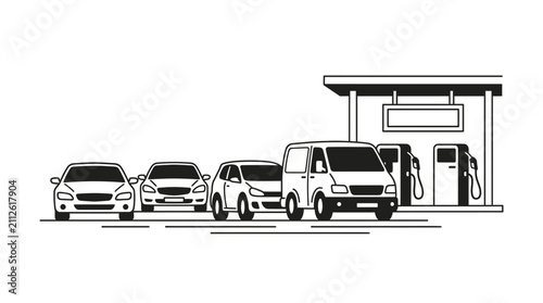 Fotografie Cars queuing at a gas station with fuel pumps, illustration