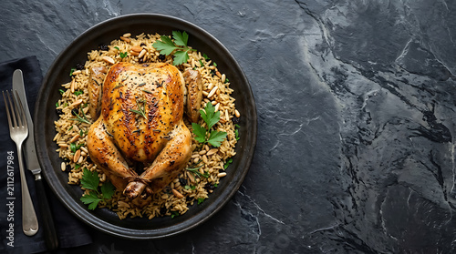 Whole roasted chicken served with rice and almonds on a black plate with cutlery on a dark gray stone background, overhead view of dinner