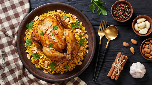 Whole roasted chicken served with yellow rice, almonds, and fresh parsley on a ceramic plate with spices and garlic on a dark wooden table