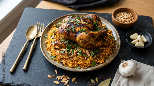 Whole roasted chicken served with yellow rice, almonds, and fresh parsley on a plate with cutlery and garlic on a dark stone background surface
