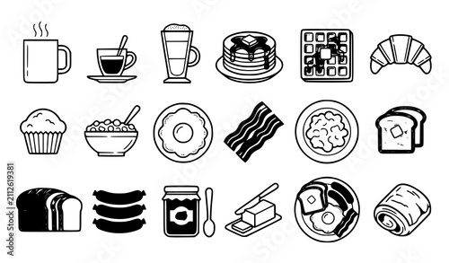 Quadro su tela Breakfast food and coffee icons with pancakes eggs bacon pastries and bakery CAD