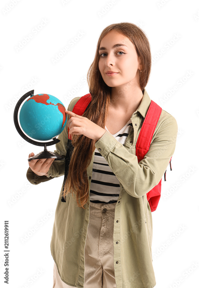 Fototapeta premium Female student with globe on white background