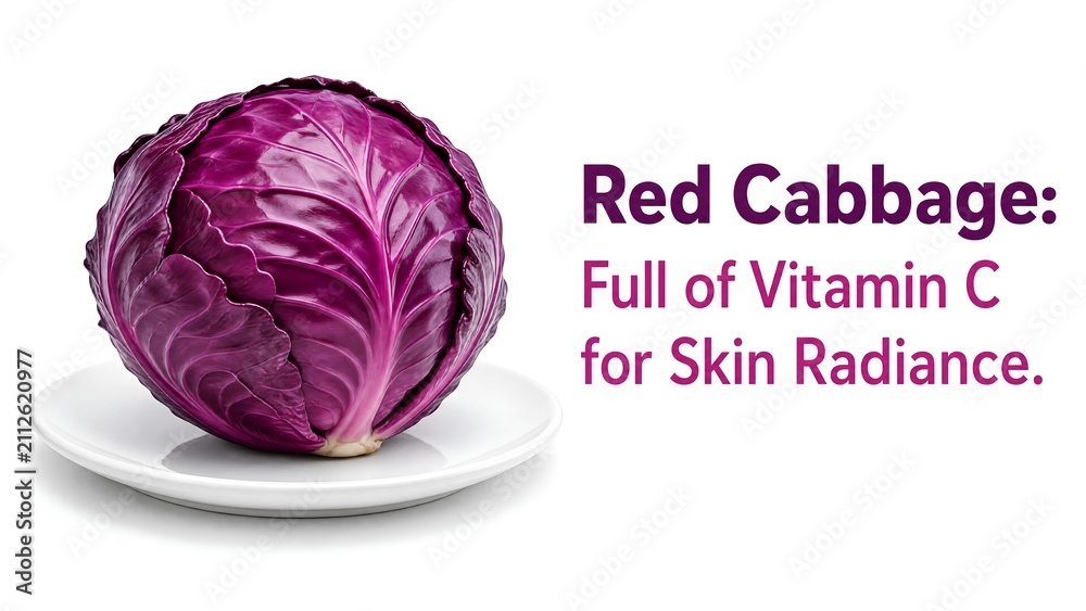 Fototapeta premium whole head of vibrant purple red cabbage resting on a simple white ceramic plate against a white background, accompanied by text describing vitamin C and its skin radiance benefits, ideal for beauty