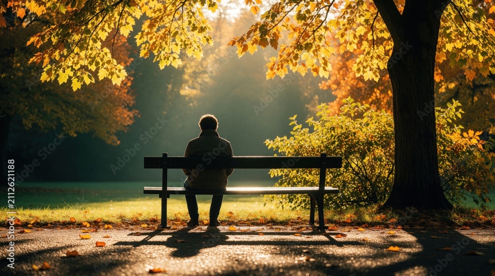 Obraz premium Man sits alone on park bench in autumn. Golden leaves fall from trees. Person reflects peacefully outdoors in nature. Sunlight creates warm atmosphere, quiet mood.
