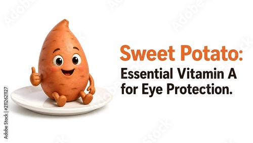 Friendly 3D anthropomorphic sweet potato character with a smiling face and thumbs up gesture on a white plate, with orange text about essential vitamin A for eye protection.