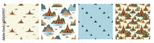 Foto Seamless Patterns: Southeast Asian Temples, Mountains, Water, Flat Design, Trave