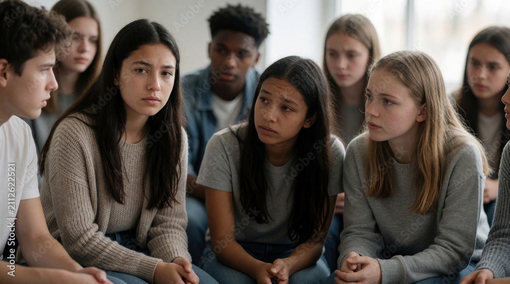 Fototapeta premium Diverse group of teenagers sits in circle for serious discussion during school support group meeting. Serious young people share personal problems, feelings listening with empathy. Concerned students