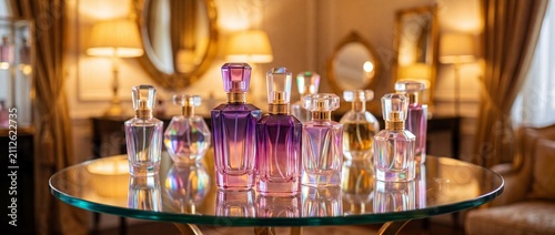 Luxury Perfume Bottles Displayed On Glass Table In Elegant Boutique Room