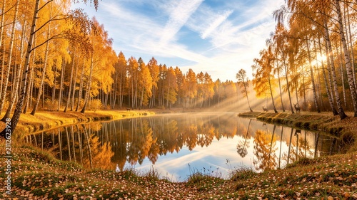 Misty autumn forest beside river, golden leaves shimmering