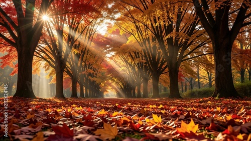 Golden rays pierce through autumn canopy