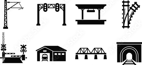 Obraz na płótnie Collection of railway infrastructure, signaling, and track element silhouettes f