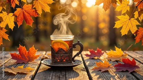 Cozy autumn scene with hot tea, colorful maple leaves, and soft golden lighting
