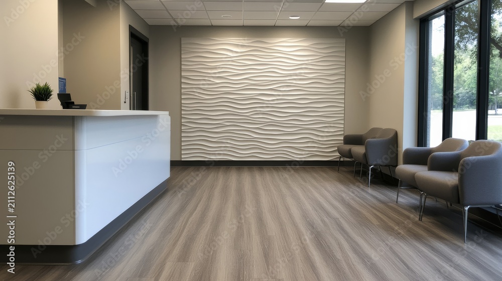 Fototapeta premium Dental Office Reception With Artistic Wall Feature Sophistica Wide Angle View, modern medical clinic interior, professional healthcare facility, patient care environment