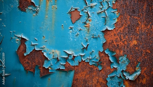 vintage background of deeply rusted iron plate with flaking blue paint