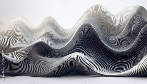 abstract undulating waveform with and white stripes and gradients isolated on a white background