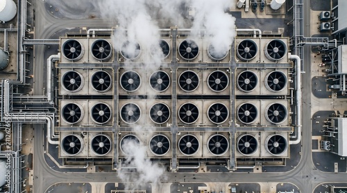 A Row of Industrial Cooling Tower Cells With Large Fans on Top Dissipating Heat From a Power or Data Center Facility Through Evaporative Cooling Heavy Industry Infrastructure