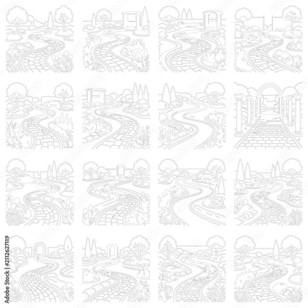 Obraz premium Garden path coloring book pages, set of 16 landscape line art illustrations, winding stone walkway vector sketches for adult relaxation and hobby