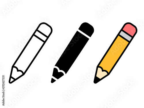 Vector illustration of three pencils: outlined, solid black, colored yellow with red eraser