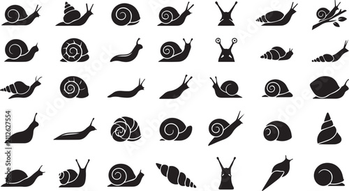 Set of hand-drawn snail and slug illustrations. Minimalist black and white line art for design projects.