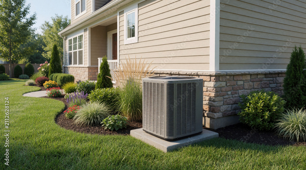 Obraz premium Residential central air conditioning unit stands on concrete pad near house with beige siding, stone wall. Green lawn surrounds HVAC machine in sunny backyard. Modern exterior cooling system provides