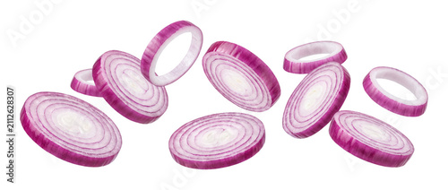 Falling sliced red onion rings isolated on transparent background