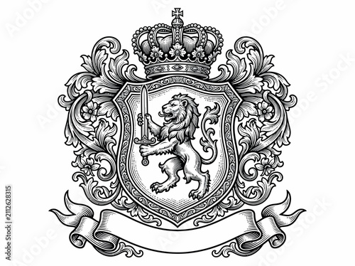 Lion holding sword and shield. Heraldic animal mascot with medieval knight weaponry.